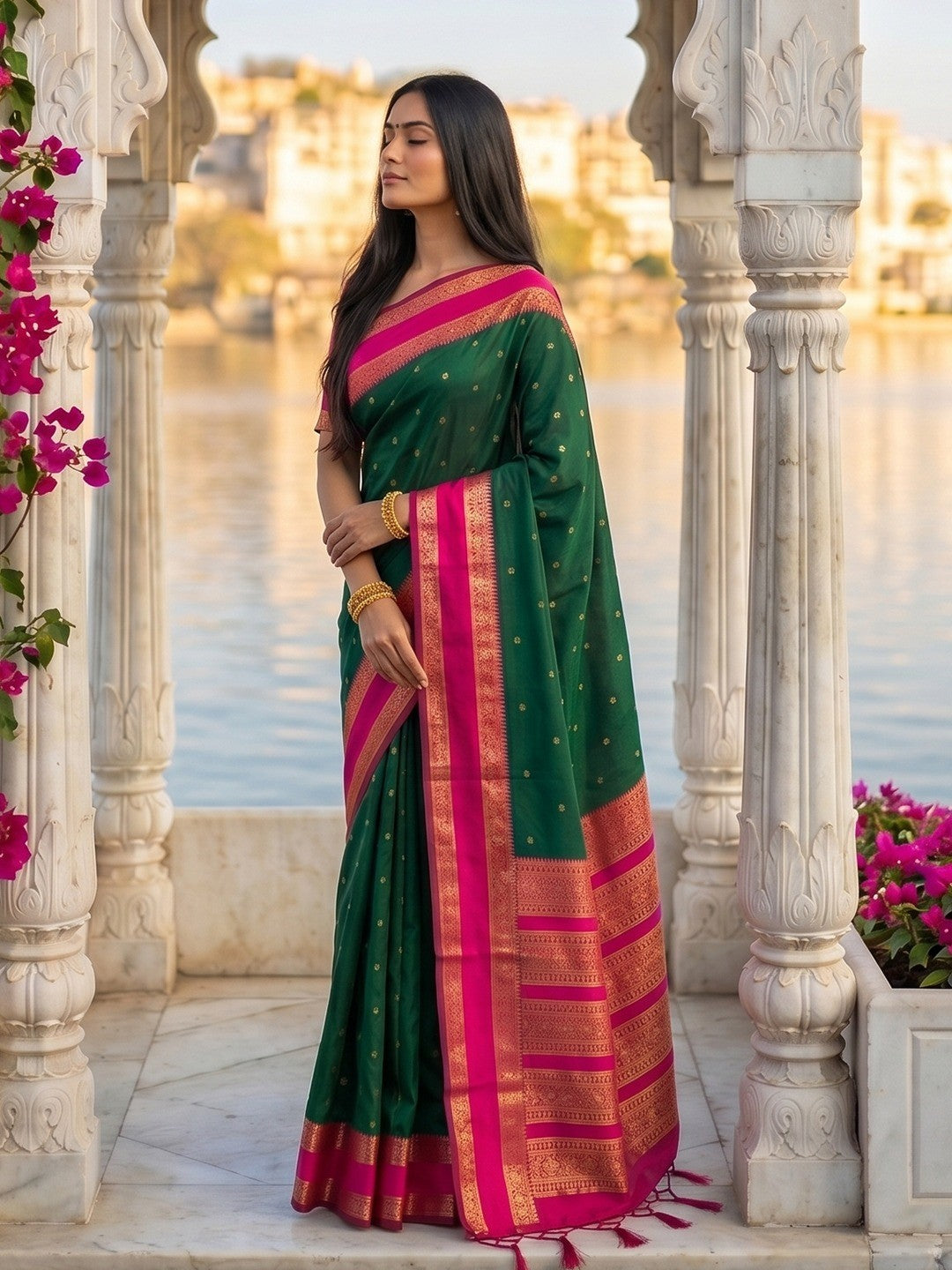 Green Cotton Silk Saree with Luxurious Golden Border Design - Image 3
