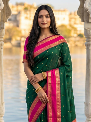 Green Cotton Silk Saree with Luxurious Golden Border Design - Image 2