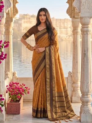 Elegant Mustard Cotton Silk Saree with Traditional Zari Work Border - Image 1