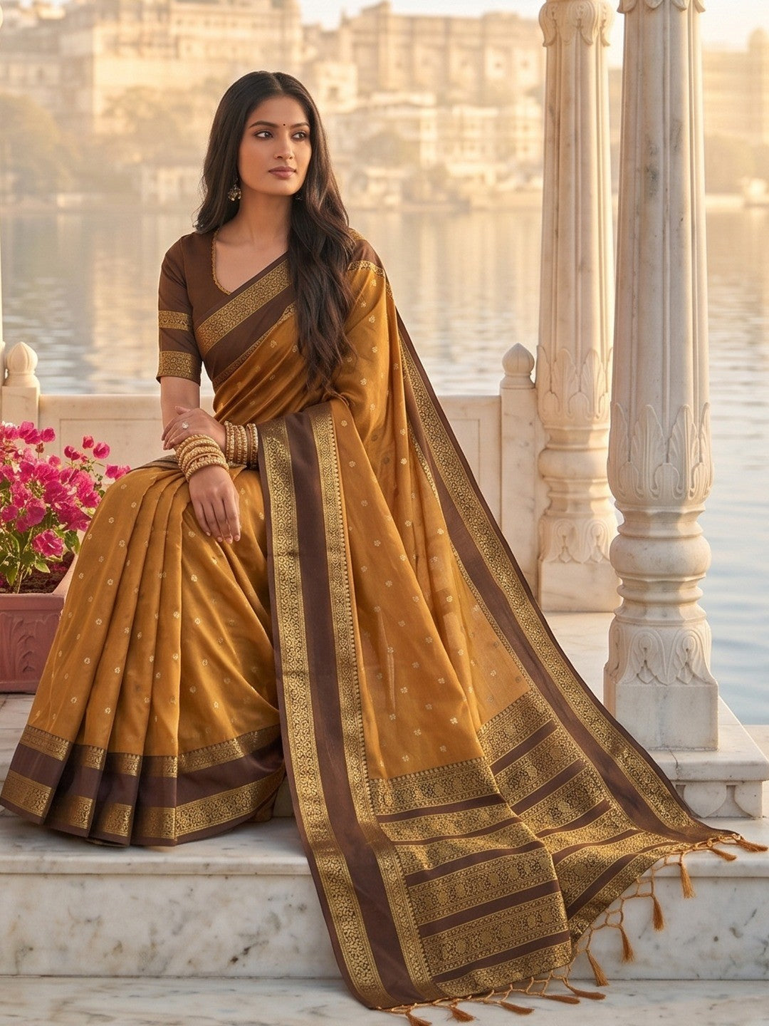Elegant Mustard Cotton Silk Saree with Traditional Zari Work Border - Image 4