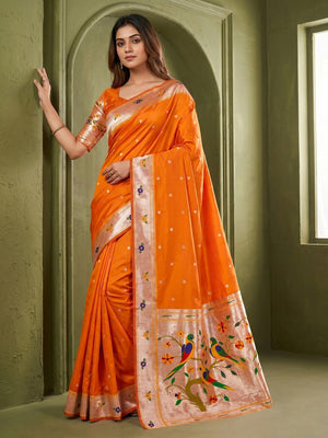 Classic Orange Zari Woven Banarasi Silk Paithani Saree With Floral Border & Parrot Motif Pallu - Image 1