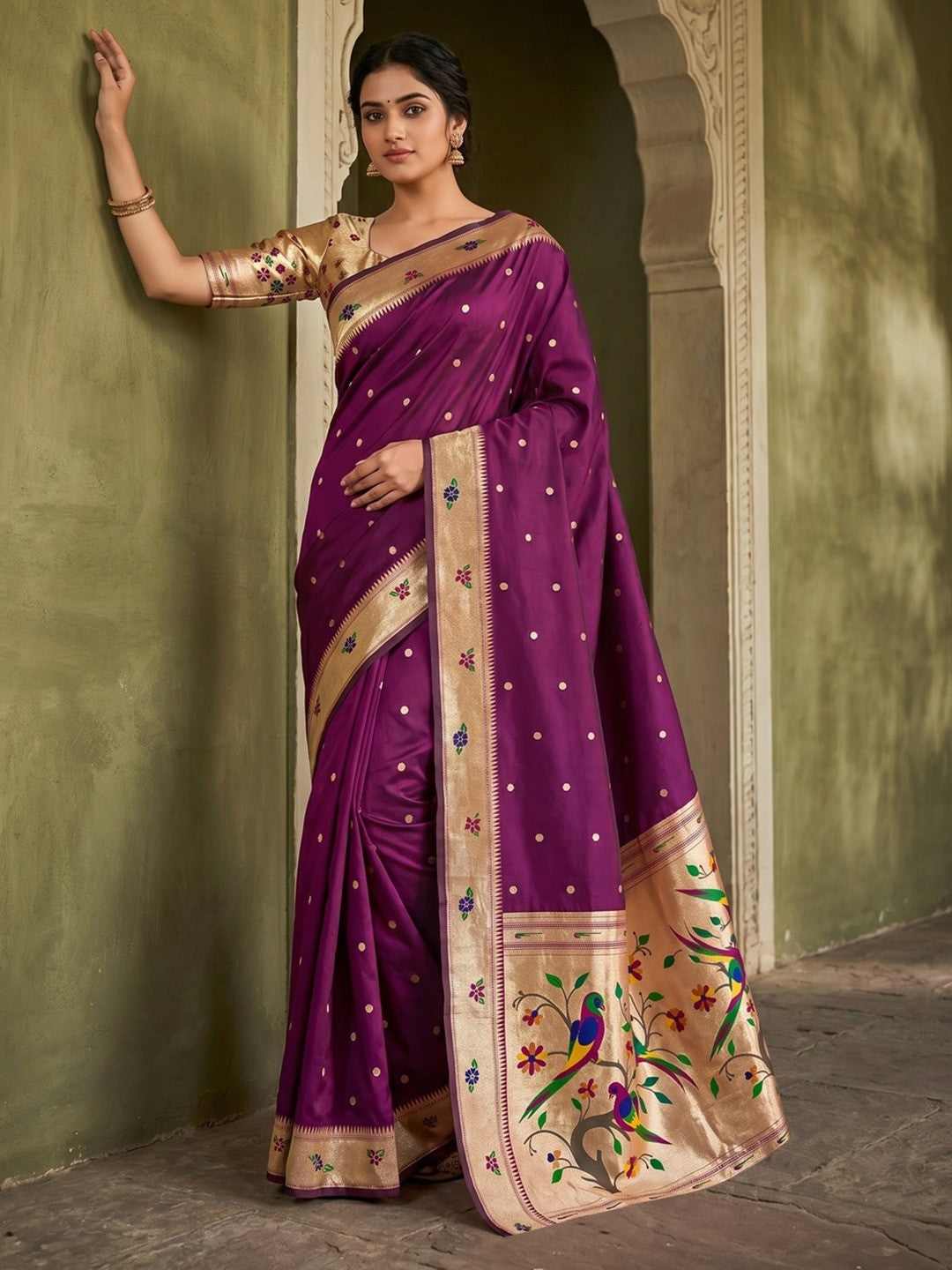 Classic Wine Zari Woven Banarasi Silk Paithani Saree With Floral Border & Parrot Motif Pallu - Image 1