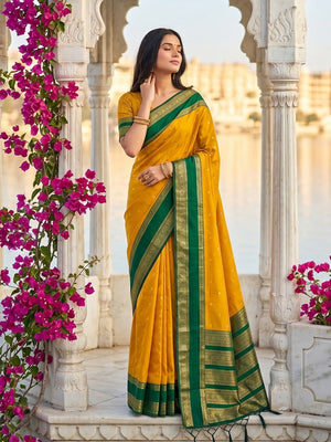 Elegant Yellow Cotton Silk Saree with Traditional Zari Work Border - Image 1