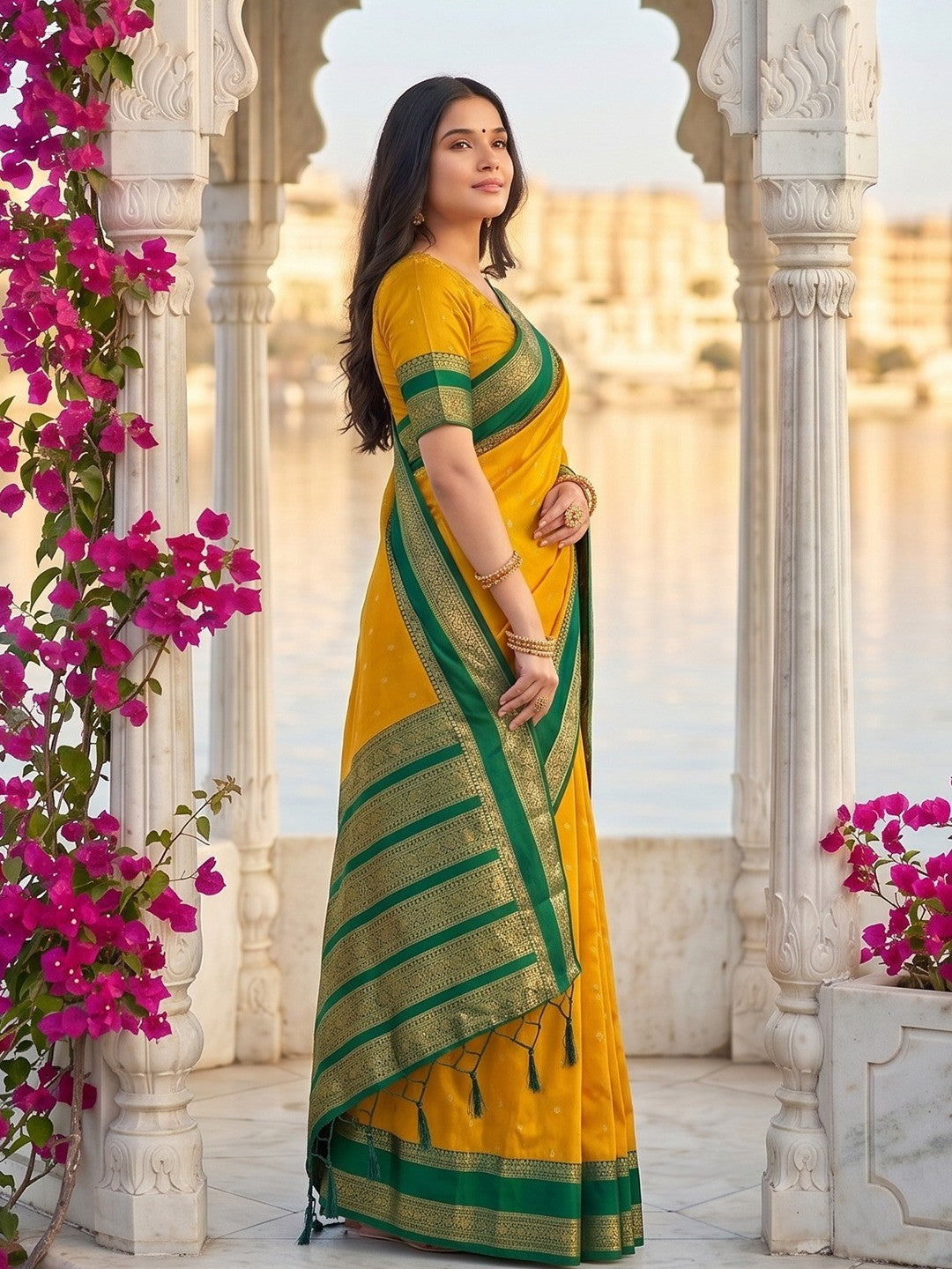 Elegant Yellow Cotton Silk Saree with Traditional Zari Work Border - Image 4