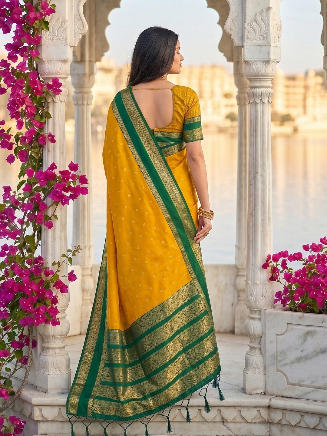 Elegant Yellow Cotton Silk Saree with Traditional Zari Work Border - Image 3