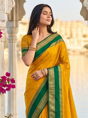 Elegant Yellow Cotton Silk Saree with Traditional Zari Work Border - Image 2