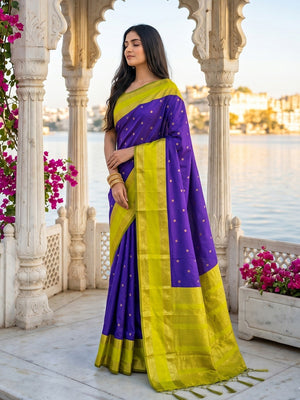Elegant Navy Blue Cotton Silk Saree with Woven Zari Border - Image 1