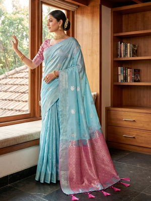 Traditional Blue Cotton Silk Saree with Timeless Zari Elegance - Image 1