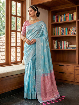 Traditional Blue Cotton Silk Saree with Timeless Zari Elegance - Image 2