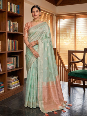 Pale Rama Green Cotton Silk Saree with Traditional Golden Zari Border - Image 1