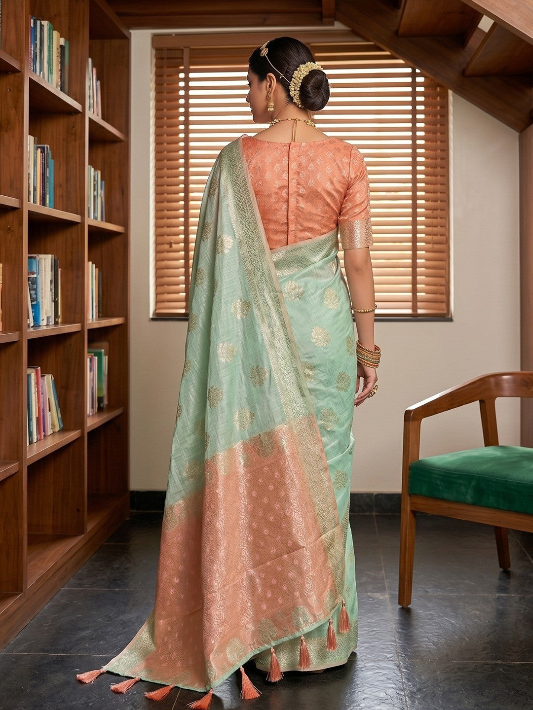 Pale Rama Green Cotton Silk Saree with Traditional Golden Zari Border - Image 2