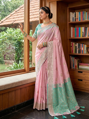 Elegant Pink Cotton Silk Saree with Woven Zari Work and Contrast Border - Image 1