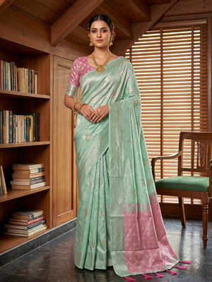 Traditional Sea Green Cotton Silk Saree with Rich Ethnic Weaving - Image 1