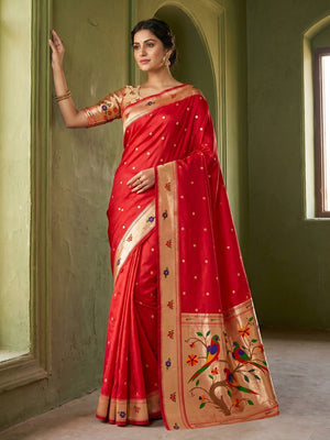Classic Red Zari Woven Banarasi Silk Paithani Saree With Floral Border & Parrot Motif Pallu - Image 1