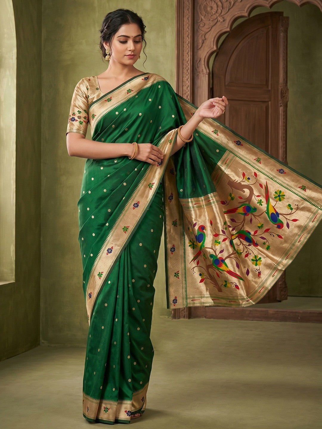 Classic Green Zari Woven Banarasi Silk Paithani Saree With Floral Border & Parrot Motif Pallu - Image 1