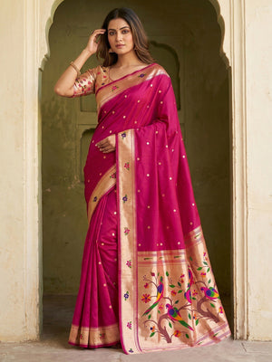 Classic Pink Zari Woven Banarasi Silk Paithani Saree With Floral Border & Parrot Motif Pallu - Image 1