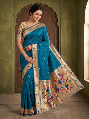 Classic Peacock Blue Zari Woven Banarasi Silk Paithani Saree With Floral Border & Parrot Motif Pallu - Image 1