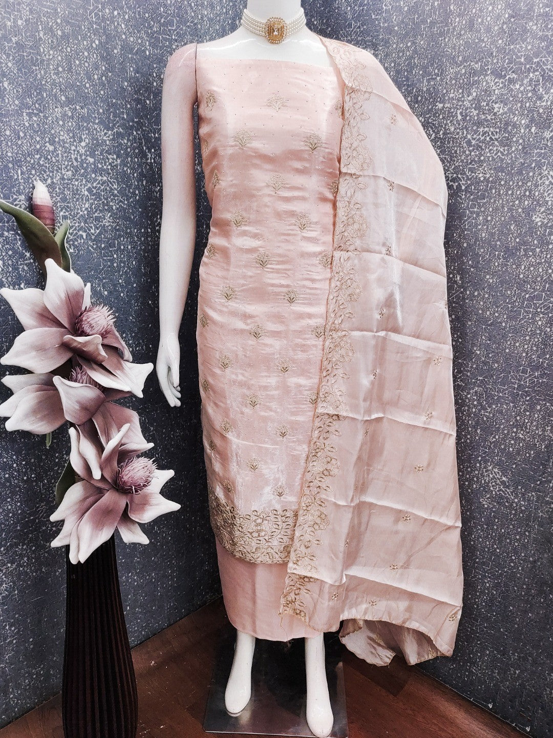 Graceful Peach Jimmy Choo Silk Blend Dress Material Featuring Floral Embroidery & Swarovski Work - Image 3