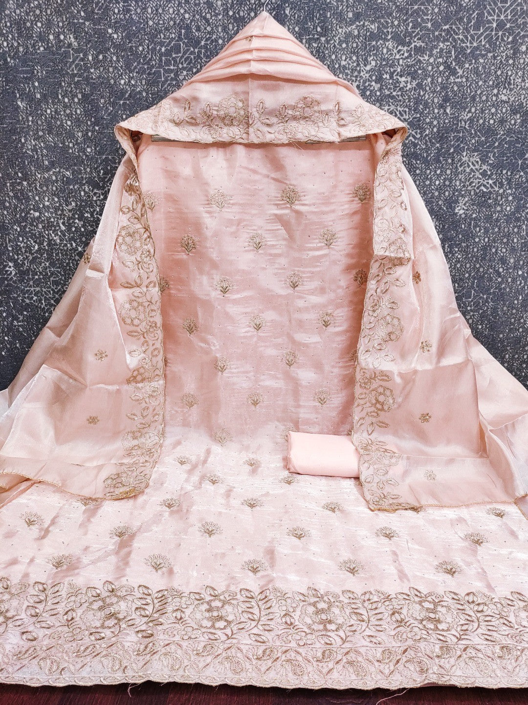 Graceful Peach Jimmy Choo Silk Blend Dress Material Featuring Floral Embroidery & Swarovski Work - Image 5