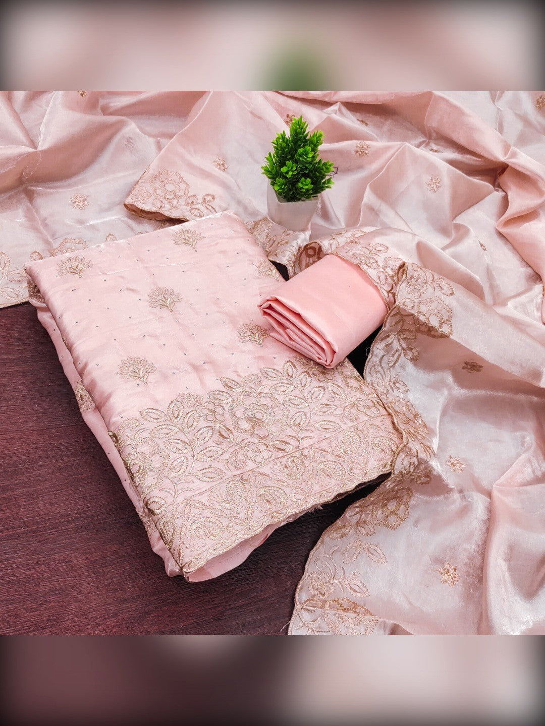 Graceful Peach Jimmy Choo Silk Blend Dress Material Featuring Floral Embroidery & Swarovski Work - Image 4