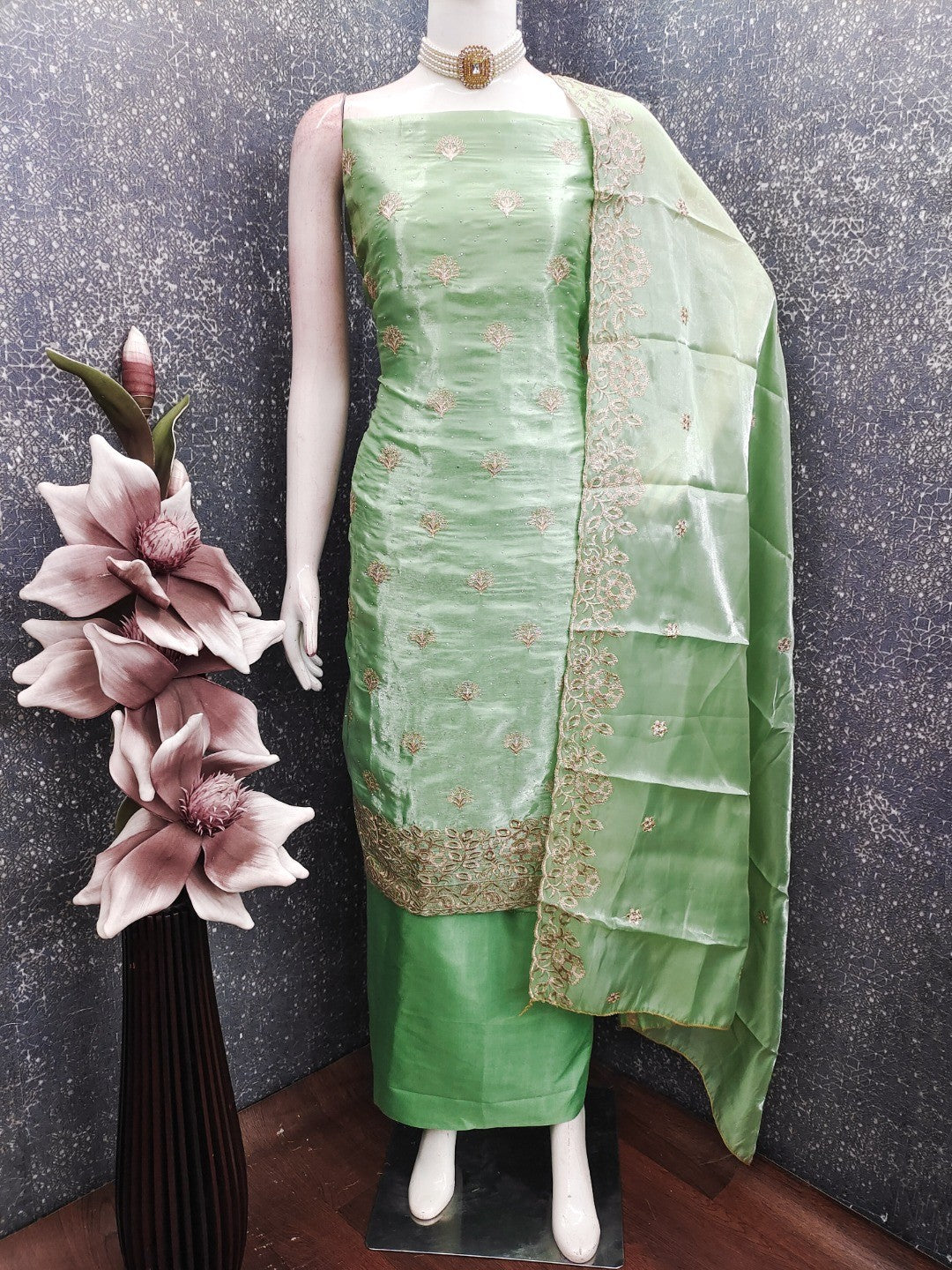 Graceful Green Jimmy Choo Silk Blend Dress Material Featuring Floral Embroidery & Swarovski Work - Image 3
