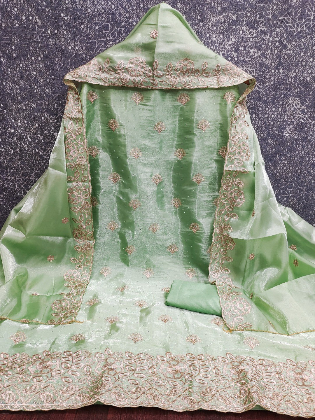 Graceful Green Jimmy Choo Silk Blend Dress Material Featuring Floral Embroidery & Swarovski Work - Image 6