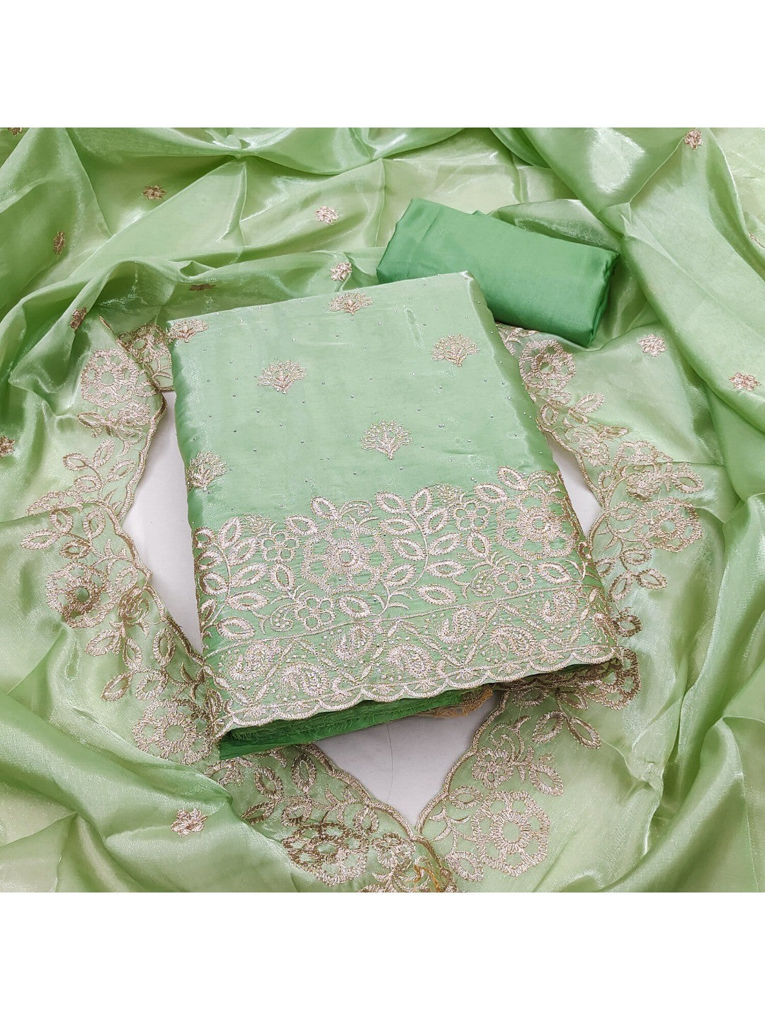 Graceful Green Jimmy Choo Silk Blend Dress Material Featuring Floral Embroidery & Swarovski Work - Image 1