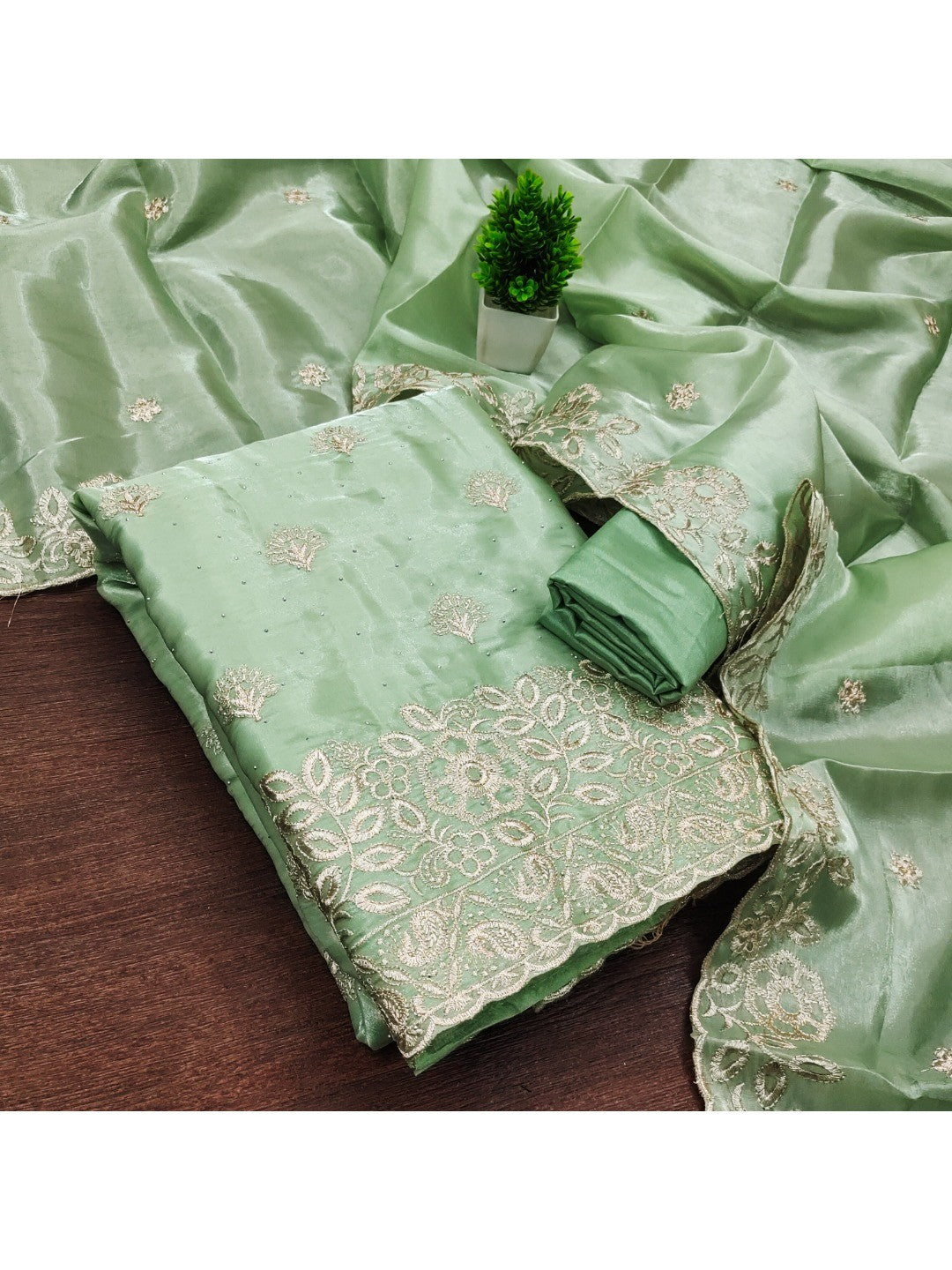 Graceful Green Jimmy Choo Silk Blend Dress Material Featuring Floral Embroidery & Swarovski Work - Image 4