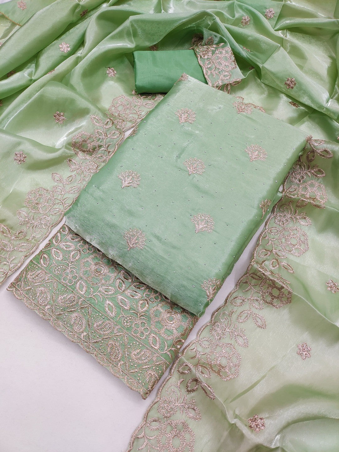 Graceful Green Jimmy Choo Silk Blend Dress Material Featuring Floral Embroidery & Swarovski Work - Image 5
