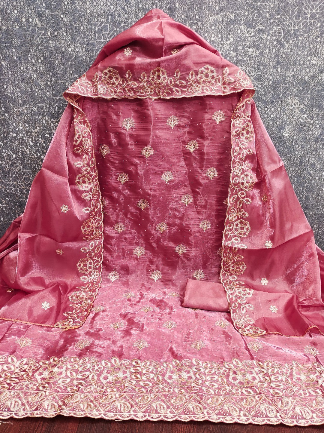 Graceful Pink Jimmy Choo Silk Blend Dress Material Featuring Floral Embroidery & Swarovski Work - Image 6