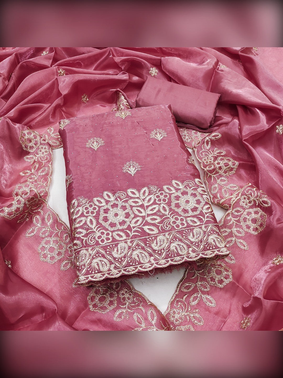 Graceful Pink Jimmy Choo Silk Blend Dress Material Featuring Floral Embroidery & Swarovski Work - Image 5