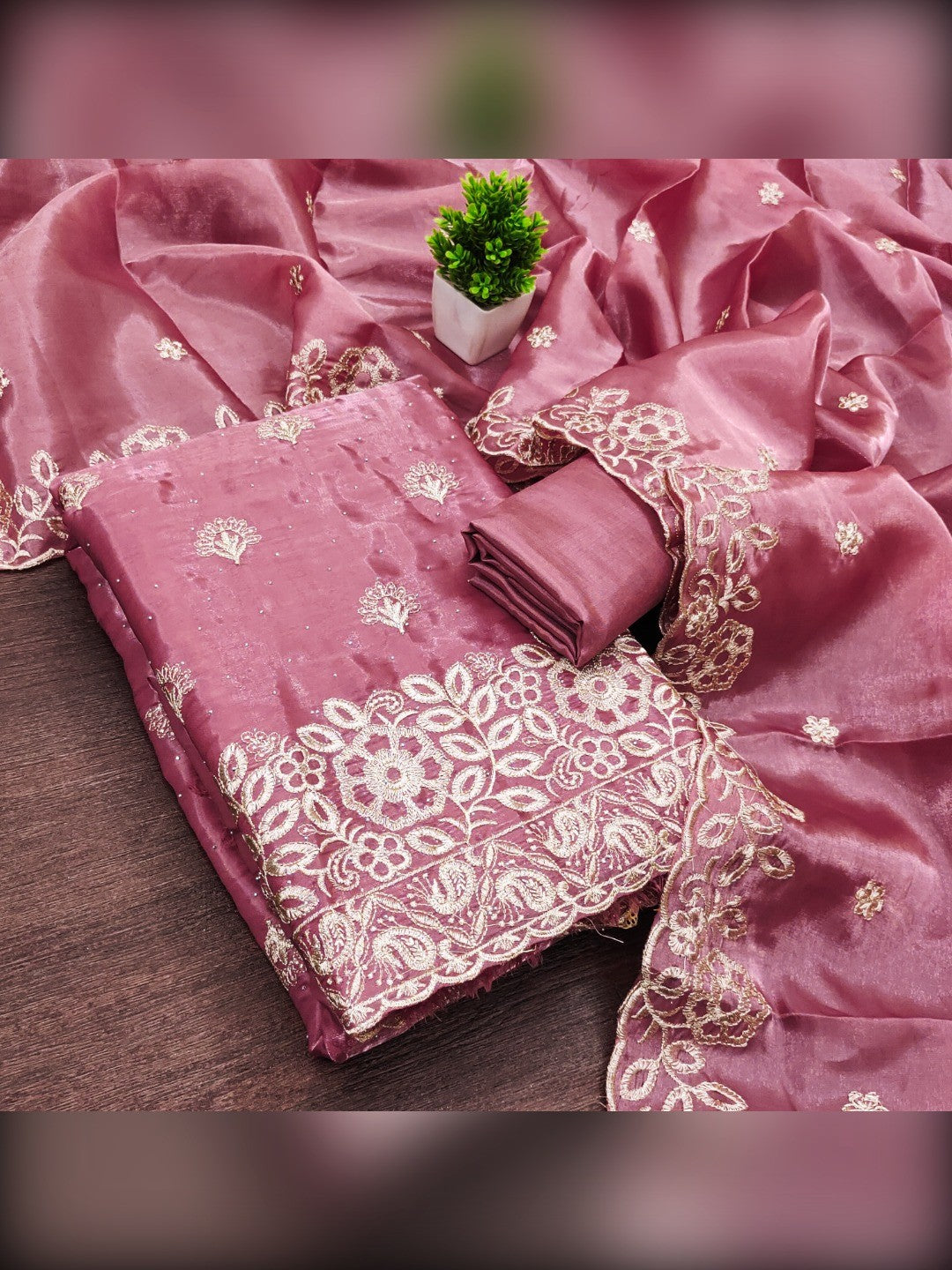 Graceful Pink Jimmy Choo Silk Blend Dress Material Featuring Floral Embroidery & Swarovski Work - Image 3