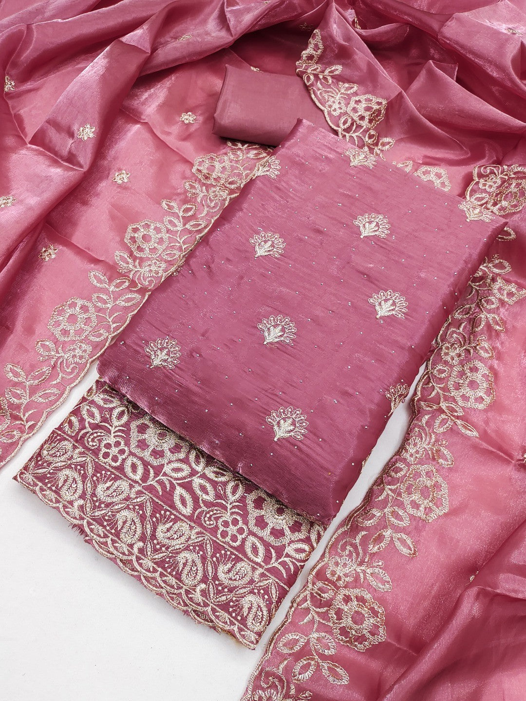 Graceful Pink Jimmy Choo Silk Blend Dress Material Featuring Floral Embroidery & Swarovski Work - Image 1