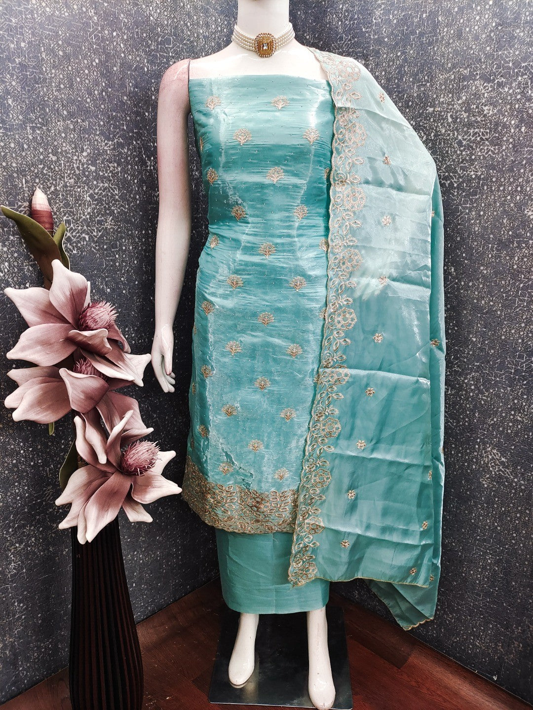 Graceful Blue Jimmy Choo Silk Blend Dress Material Featuring Floral Embroidery & Swarovski Work - Image 6