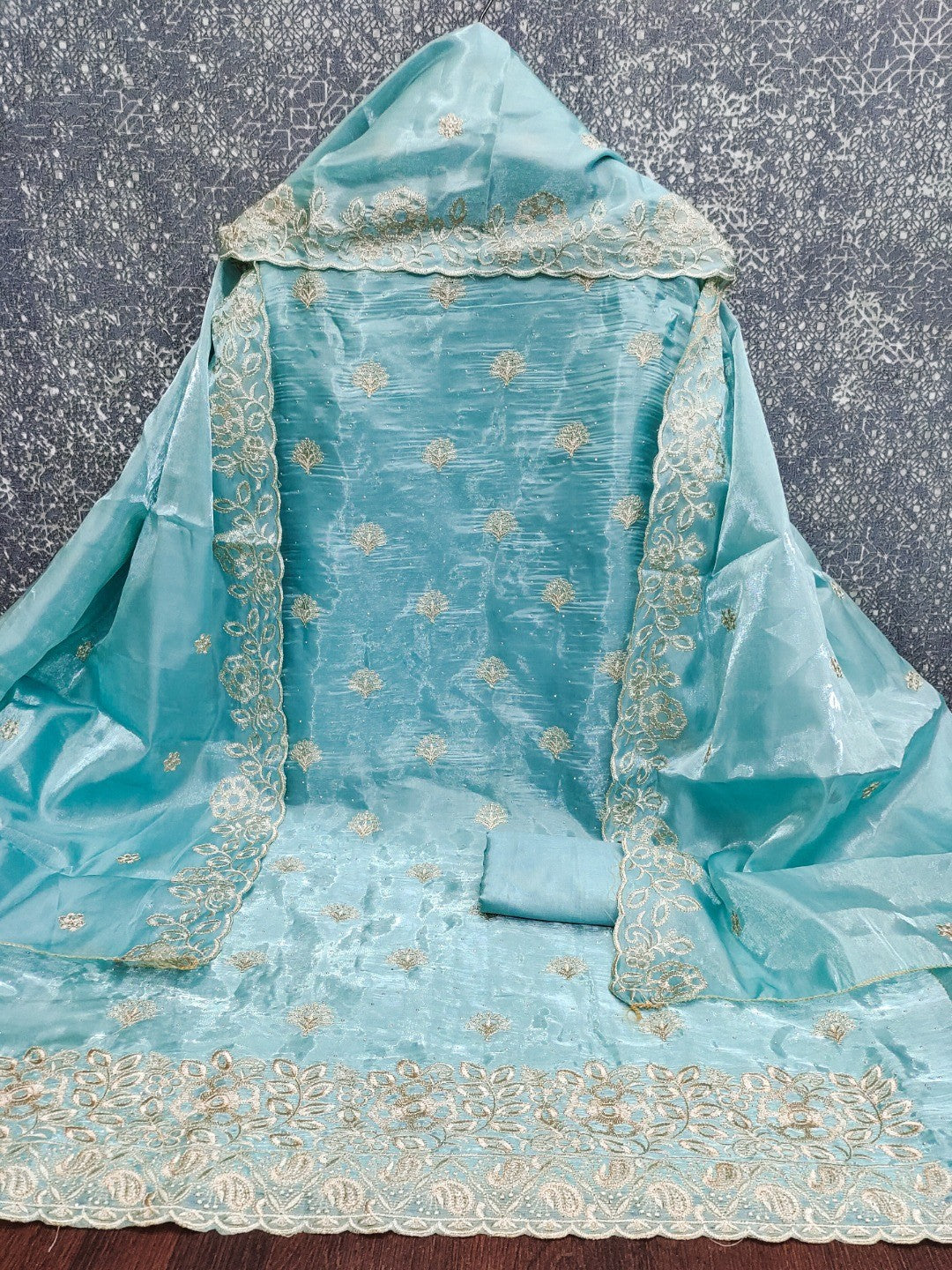Graceful Blue Jimmy Choo Silk Blend Dress Material Featuring Floral Embroidery & Swarovski Work - Image 5