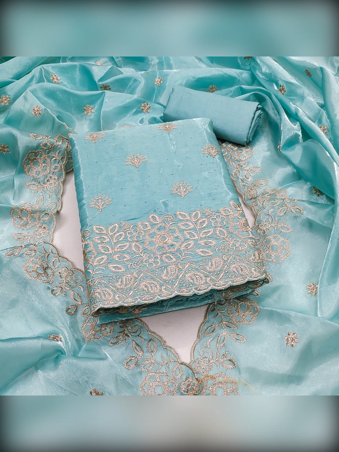 Graceful Blue Jimmy Choo Silk Blend Dress Material Featuring Floral Embroidery & Swarovski Work - Image 1