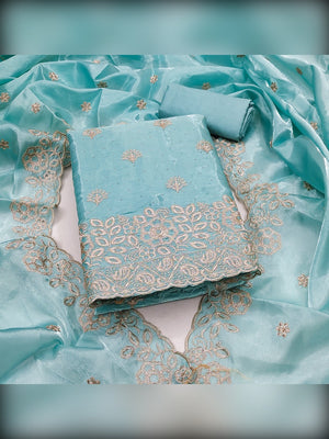 Graceful Blue Jimmy Choo Silk Blend Dress Material Featuring Floral Embroidery & Swarovski Work - Image 1