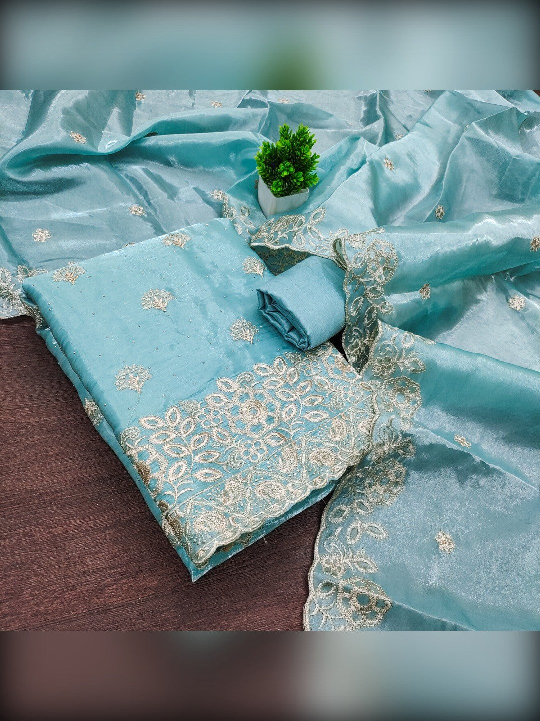 Graceful Blue Jimmy Choo Silk Blend Dress Material Featuring Floral Embroidery & Swarovski Work - Image 4