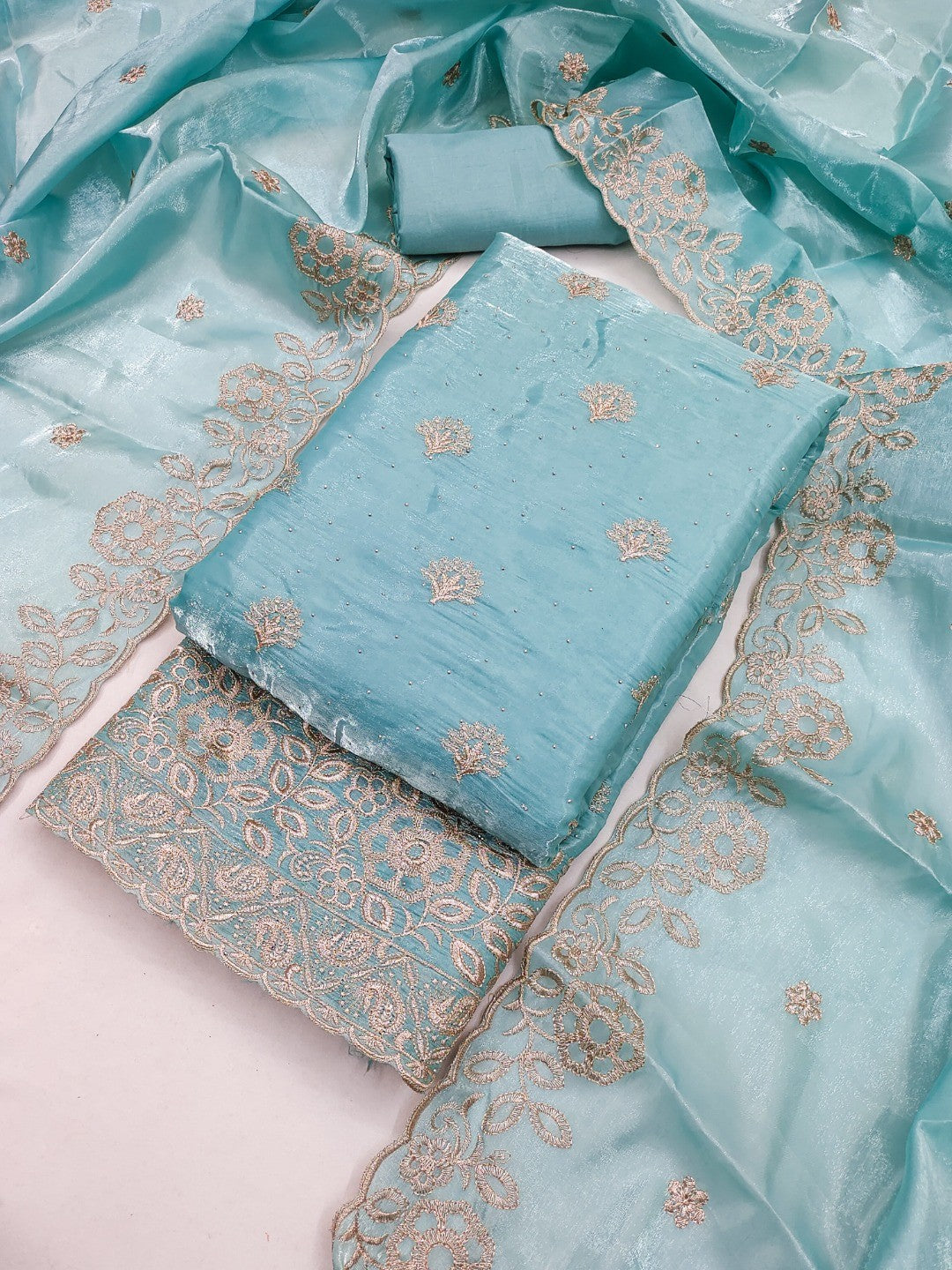 Graceful Blue Jimmy Choo Silk Blend Dress Material Featuring Floral Embroidery & Swarovski Work - Image 3