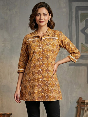 Mustard Geometric Printed Pure Cotton Shirt Style Top - Image 1