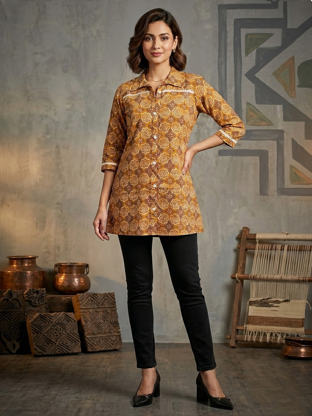 Mustard Geometric Printed Pure Cotton Shirt Style Top - Image 2