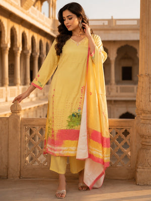 Yellow Rayon Salwar Suit with Elegant Print and Matching Dupatta Festive Wear - Image 1
