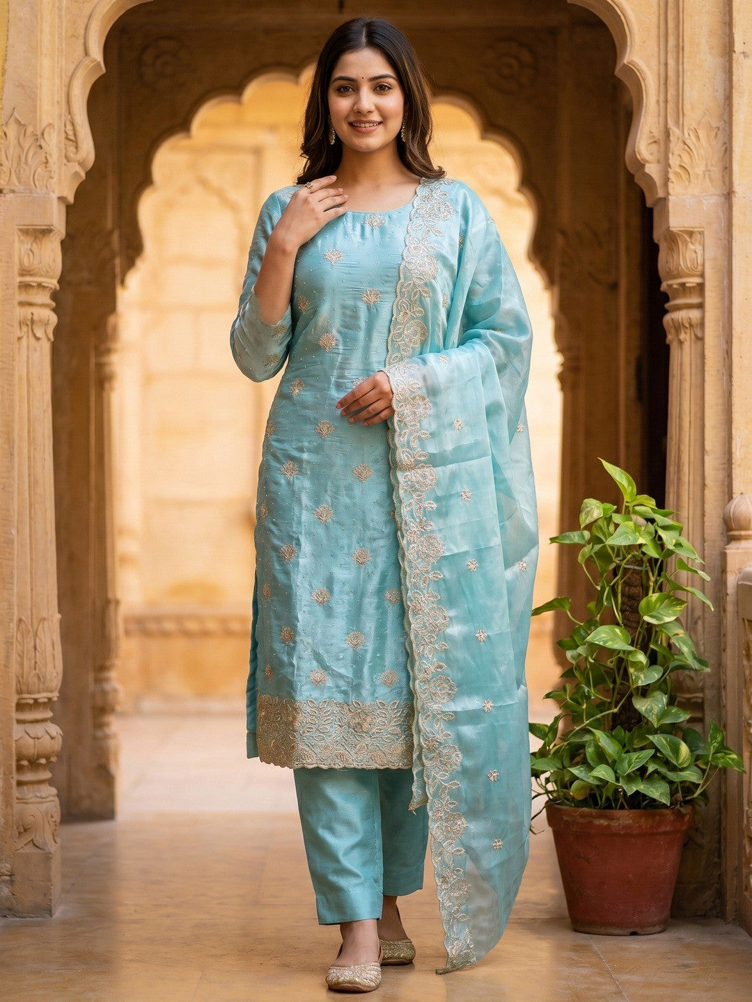 Graceful Blue Jimmy Choo Silk Blend Dress Material Featuring Floral Embroidery & Swarovski Work - Image 2