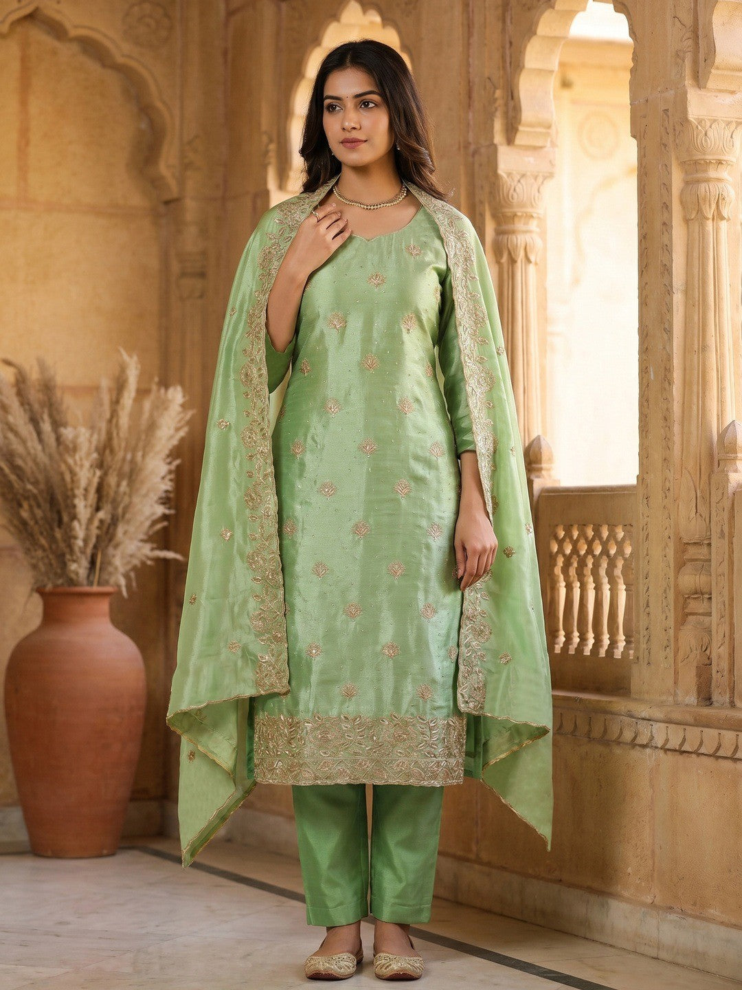 Graceful Green Jimmy Choo Silk Blend Dress Material Featuring Floral Embroidery & Swarovski Work - Image 2