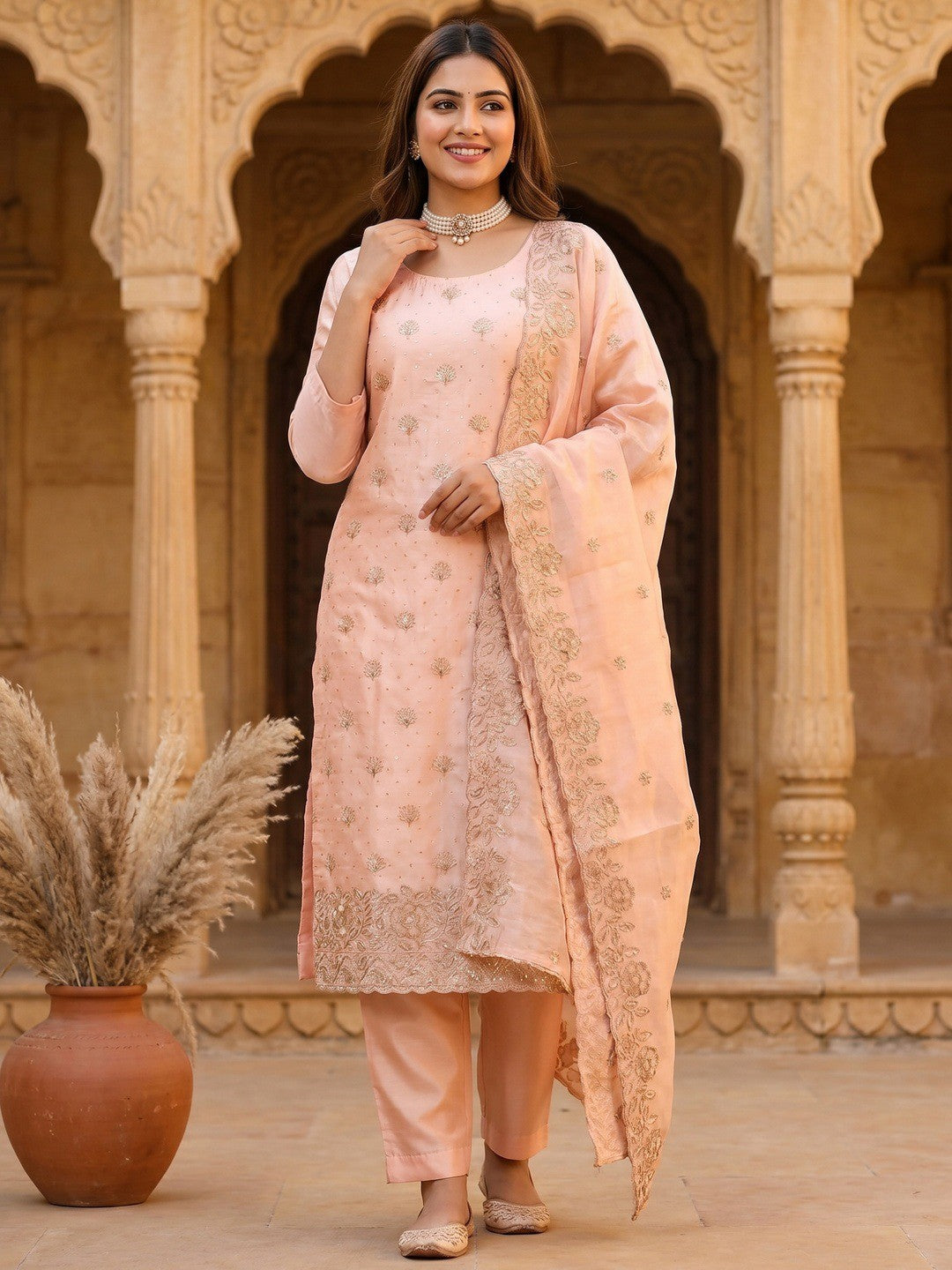Graceful Peach Jimmy Choo Silk Blend Dress Material Featuring Floral Embroidery & Swarovski Work - Image 2