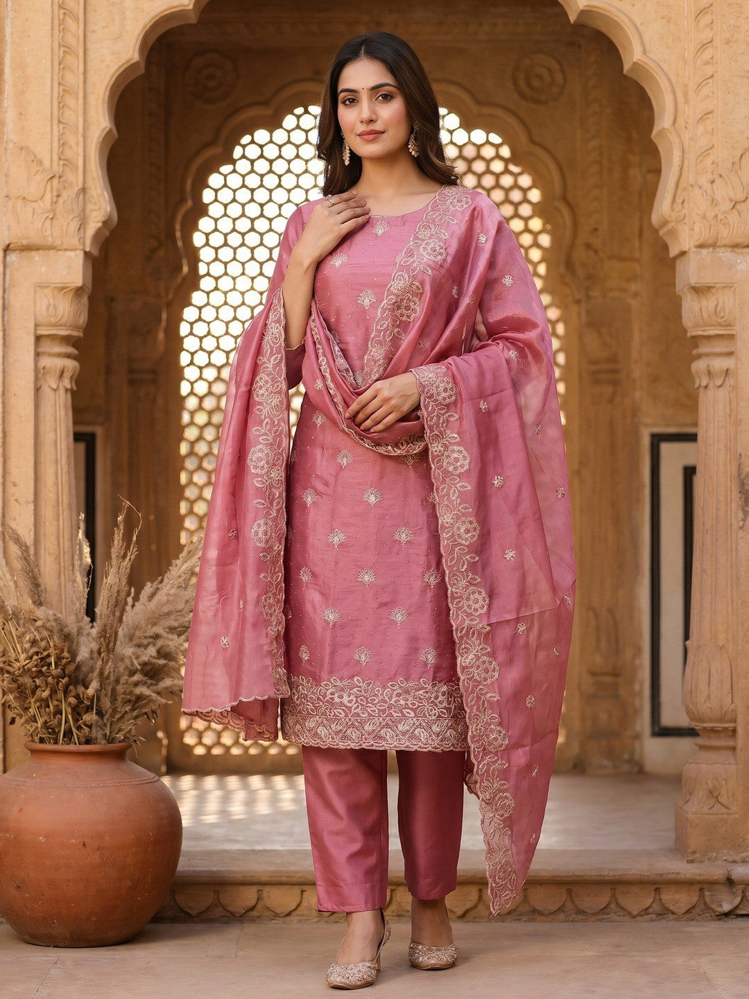 Graceful Pink Jimmy Choo Silk Blend Dress Material Featuring Floral Embroidery & Swarovski Work - Image 2