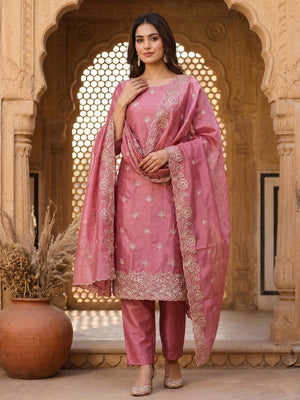 Graceful Pink Jimmy Choo Silk Blend Dress Material Featuring Floral Embroidery & Swarovski Work - Image 2