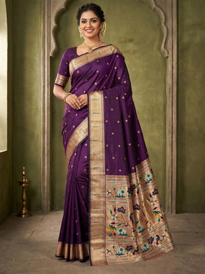Traditional Dark Purple Floral Zari Weaving Silk Paithani Saree With Intricate Designer Pallu - Image 1