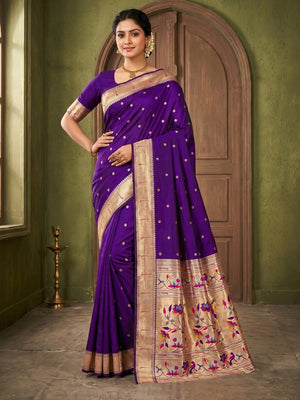 Traditional Violet Floral Zari Weaving Silk Paithani Saree With Intricate Designer Pallu - Image 1