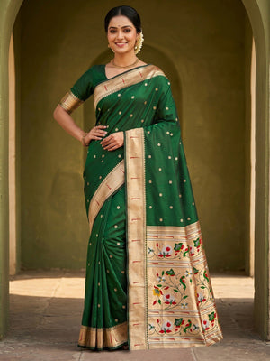 Traditional Green Floral Zari Weaving Silk Paithani Saree With Intricate Designer Pallu - Image 1